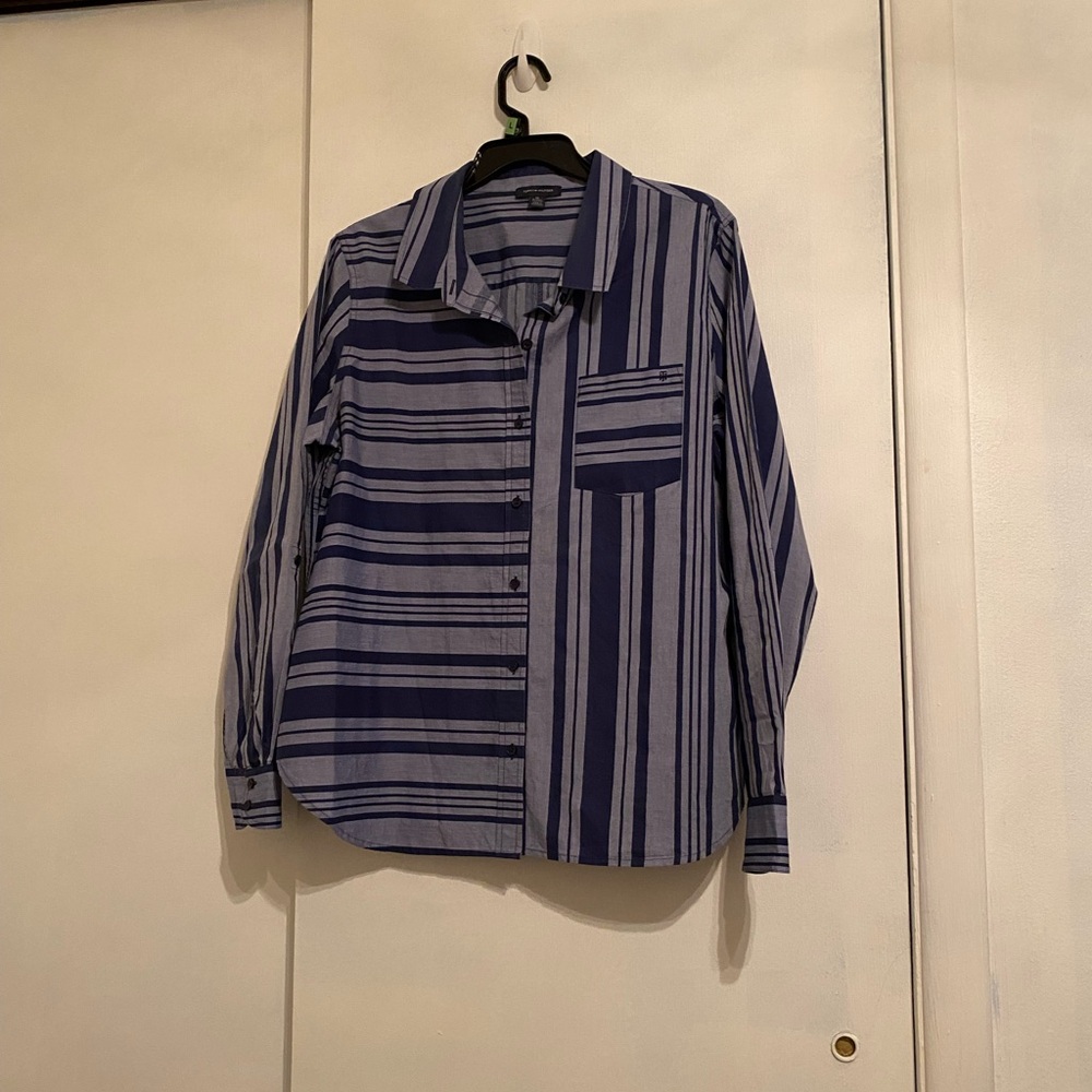 Tommy Hilfiger Navy and White Striped Long Women’s Size XL, Button Down Shirt